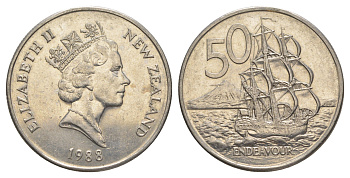 Новая Зеландия 50 центов 1988 Елизавета II (1952-2022), парусник Индевор KM 63 медно-никель 4179-132