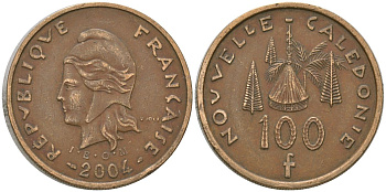 Французская Новая Каледония 100 франков 2004 хижина среди сосен и пальм, (IEOM) KM 15, Schoen 16, Lec 139h никель латунь 4149-514