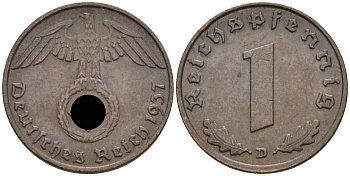 Германия 1 рейхспфенниг 1937 D KM 89, J 361 бронза 4136-361