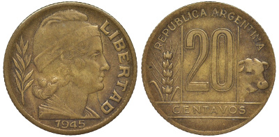 Аргентина 20 сентаво 1945 KM 42 алюминиевая бронза 4163-111