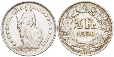 Швейцария 1/2 франка 1950 KM 23 серебро 3309-653