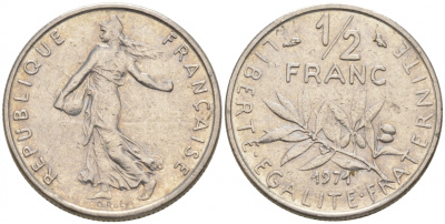 ФРАНЦИЯ 1/2 ФРАНКА 1971 KM 931.1 никель 187-121