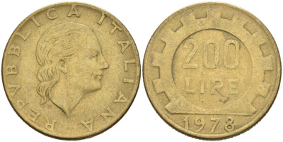 Италия 200 лир 1978 R, шестерня KM 105 алюминиевая бронза 4573-821