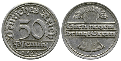 ГЕРМАНИЯ 50 ПФЕННИГОВ 1922 F KM 27, J. 301, Weege 10 алюминий 4380-913