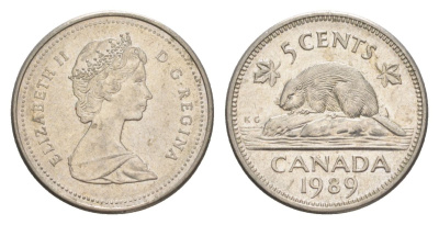 Канада 5 центов 1989 Елизавета II (1952-2022), бобр KM 60.2a медно-никель 4630-738