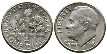 США 10 центов (дайм) 1986 D, Франклин Рузвельт KM 195а медь плакированная медно-никелем 57-1239