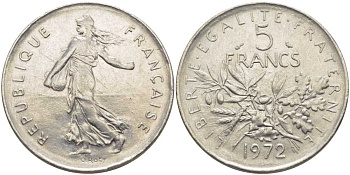 ФРАНЦИЯ 5 ФРАНКОВ 1972 СЕЯТЕЛЬ KM 926а.1, LE FRANC 341.4 медно-никель плакированный никелем 111-1135