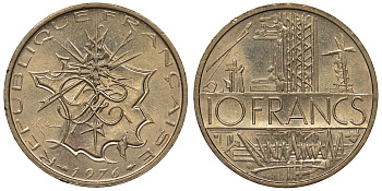 Франция 10 франков 1976 тип Матье KM 940, Le Franc 365.7-8 никель латунь 4123-614