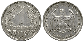 ГЕРМАНИЯ 1 РЕЙХСМАРКА 1934 А KM 78, J. 354 никель 4380-513