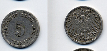 ГЕРМАНИЯ 5 ПФЕННИГОВ 1906 F, KM 11, J. 12 медно-никель 76-243