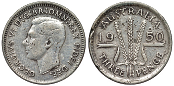 Австралия 3 пенса 1950 m, Георг VI (1937-1952), без букв KM 44 серебро 71-252