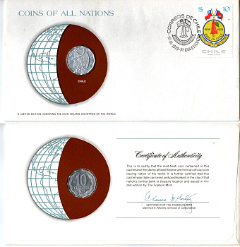 Чили 10 сентаво 1979 конверт с маркой первого дня гашения, Coins of Nations KM 205a алюминий UNC 4295-8-1