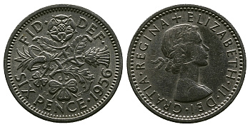 Великобритания 6 пенсов 1956 Елизавета II (1952-2022) KM 903, Spink 4149 медно-никель 4381-657