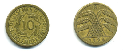 ГЕРМАНИЯ 10 РЕНТЕНПФЕННИГОВ 1924 A KM 33, J. 309, Weege 8 алюминиевая бронза 46-1346