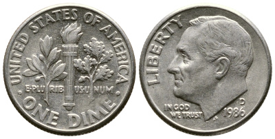 США 10 центов (дайм) 1986 D, Франклин Рузвельт KM 195а медь плакированная медно-никелем 57-1239