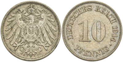 ГЕРМАНИЯ 10 ПФЕННИГОВ 1914 F KM 12, J. 13, Weege 8 медно-никель 212-253