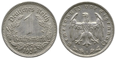 ГЕРМАНИЯ 1 РЕЙХСМАРКА 1934 А KM 78, J. 354 никель 4380-513