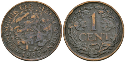 Нидерланды 1 цент 1920 Вильгельмина (1890-1948) KM 152 бронза 4576-1042