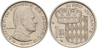 Монако 1 франк 1968 Ренье III (1949-2005) KM 140 никель    4601-941