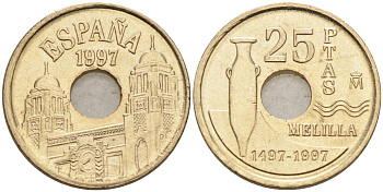Испания 25 песет 1997 Мелилья (Melilla), Хуан Карлос I (1975-2014) KM 983 латунь 4582-641