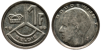 БЕЛЬГИЯ 1 ФРАНК 1989 БОДУЭН KM 170 железо плакированное никелем XF- 4181-325