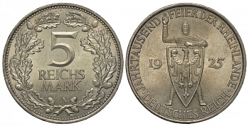 Германия 5 марок 1925 A, 1000 летие Рейнланда Weege 25, J. 322, KM 46 серебро aUNC 00-805-25