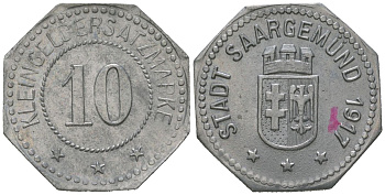 Сааргемюнд ( Пруссия, Гессен-Нассау) 10 пфеннингов 1917 Funck 74.2, Men05 4155.2, Men18 5301.2 цинк 4169-1131