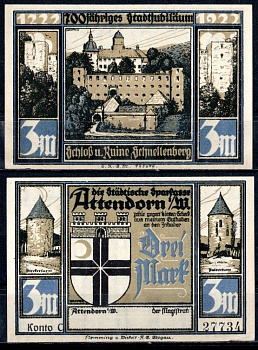 Аттендорн (Пруссия, Вестфалия) 3 марки 1922 Mehl Grabowski 51.1a-3/5 бумага aUNC 7556-36-3-2