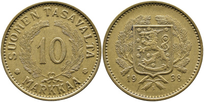 Финляндия 10 марок 1938 S KM 63 алюминиевая бронза 4388-1044