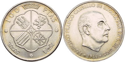 Испания 100 песет 1966 (68) Франсиско Франко (1939-1975) KM 797 серебро 02-252-11