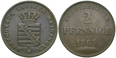 Саксен-Мейнинген 2 пфеннига 1865 Бернгард II (1803-1866) KM 171 медь 99-645