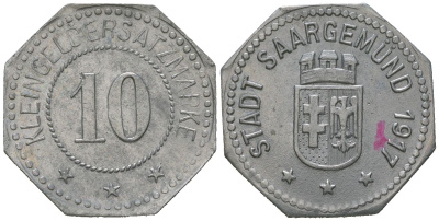 Сааргемюнд ( Пруссия, Гессен-Нассау) 10 пфеннингов 1917 Funck 74.2, Men05 4155.2, Men18 5301.2 цинк 4169-1131