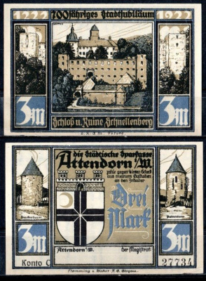 Аттендорн (Пруссия, Вестфалия) 3 марки 1922 Mehl Grabowski 51.1a-3/5 бумага aUNC 7556-36-3-2