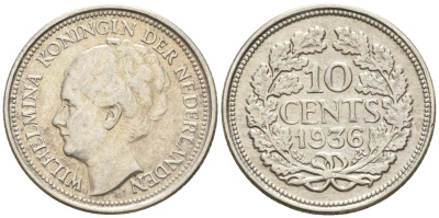 Нидерланды 10 центов 1936 Вильгельмина I (1890-1948) КМ 163 серебро  UNC  4602-525