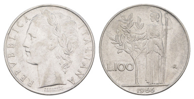 Италия 100 лир 1966 R, Афина в доспехах KM 96.1 нержавеющая сталь 4556-226