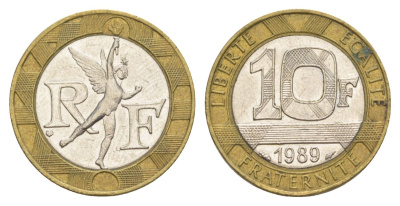 Франция 10 франков 1989 тип гений Бастилии KM 964.1, Le Franc 375 биметалл 4631-545