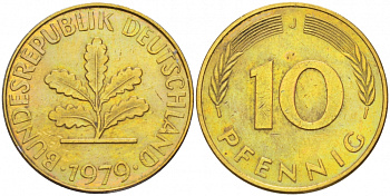 ФРГ 10 ПФЕННИГОВ 1979 J KM 108, J.383 сталь плакированная латунью 3718-821