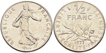 Франция 1/2 франка 1977 сеятель KM 931.1 никель    4169-212