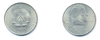 ГДР 20 марок 1972 А, Фридрих Шиллер (1759-1805) KM 40 медно-никель 3333-711