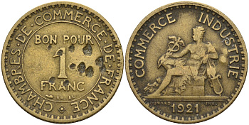 Франция 1 франк 1921 KM 876, Le Franc 218.5 алюминиевая бронза 4142-554