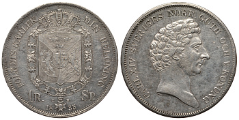 Швеция 1 риксдалер 1835 Карл XIV, львы KM 632, Ahlstr?m 63, Dav. 352 серебро 00-000-00