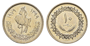 Ливия 10 дирхамов 1979 год-тип KM 20 сталь плакированная никелем UNC 4679-451