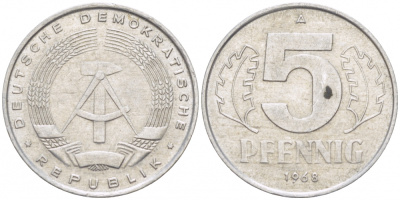 ГДР 5 ПФЕННИГОВ 1968 А KM 9.1 алюминий 3955-549