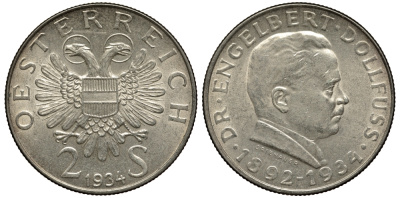 Австрия 2 шиллинга 1934 на смерть канцлера Энгельберта Дольфуса KM 2852 серебро 413-5834