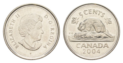 Канада 5 центов 2004 P, Елизавета II (1952-2022), бобр KM 491 сталь плакированная никелем UNC 4630-756