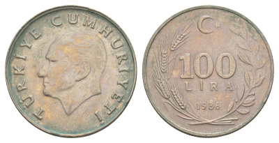 Турция 100 лир 1986 KM 967 медь цинк никель 4653-424