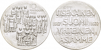 Финляндия 10 марок 1977 K-H, 60 лет независимости (1917-1977) KM 55 серебро UNC 1515-1433