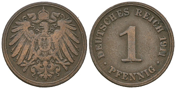 Германия 1 пфенниг 1911 J, Вильгельм II (1888-1918) KM 10, J. 10, Weege 2 медь 4615-225