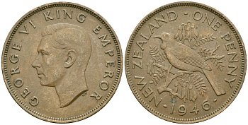 Новая Зеландия 1 пенни 1946 Георг VI (1936-1952), новозеландский туи KM 13 бронза 32-726