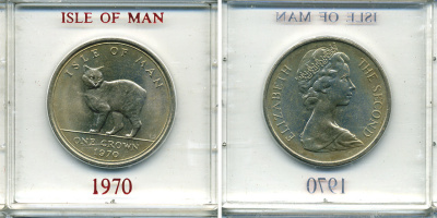 Остров Мэн 1 крона 1970 кошка Мэна, в оригинальной пластиковой коробке KM 18 медно-никель UNC 6-6-1-67